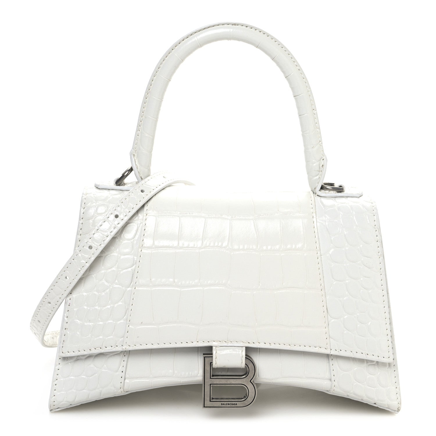 Balenciaga Shiny Calfskin Crocodile Embossed Small Hourglass Top Handle Bag Optic White 1 of 11