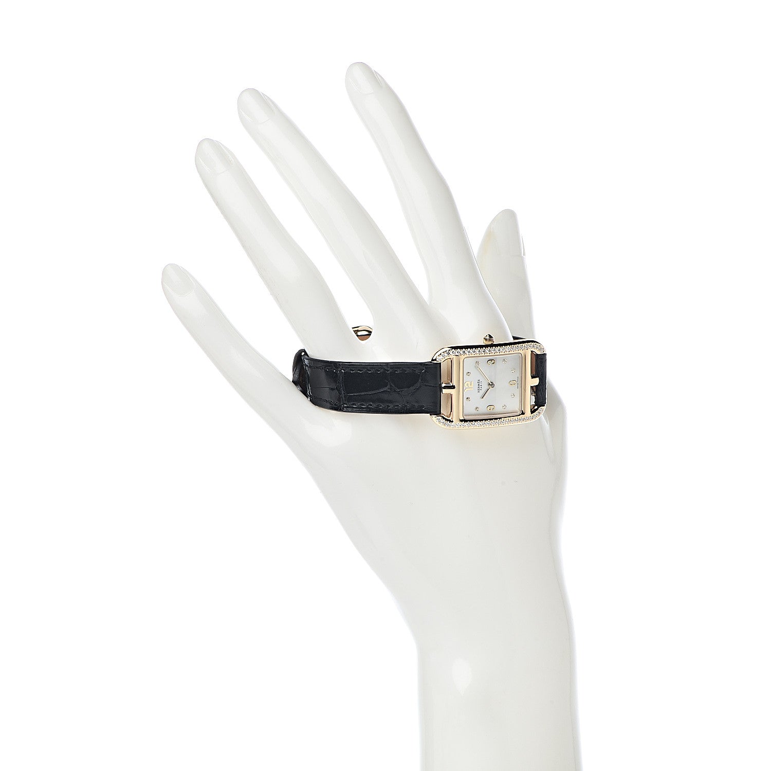 Hermes 18K Yellow Gold Alligator Diamond Bezel Mother of Pearl 23mm Cape Cod Quartz Watch Noir 2 of 9
