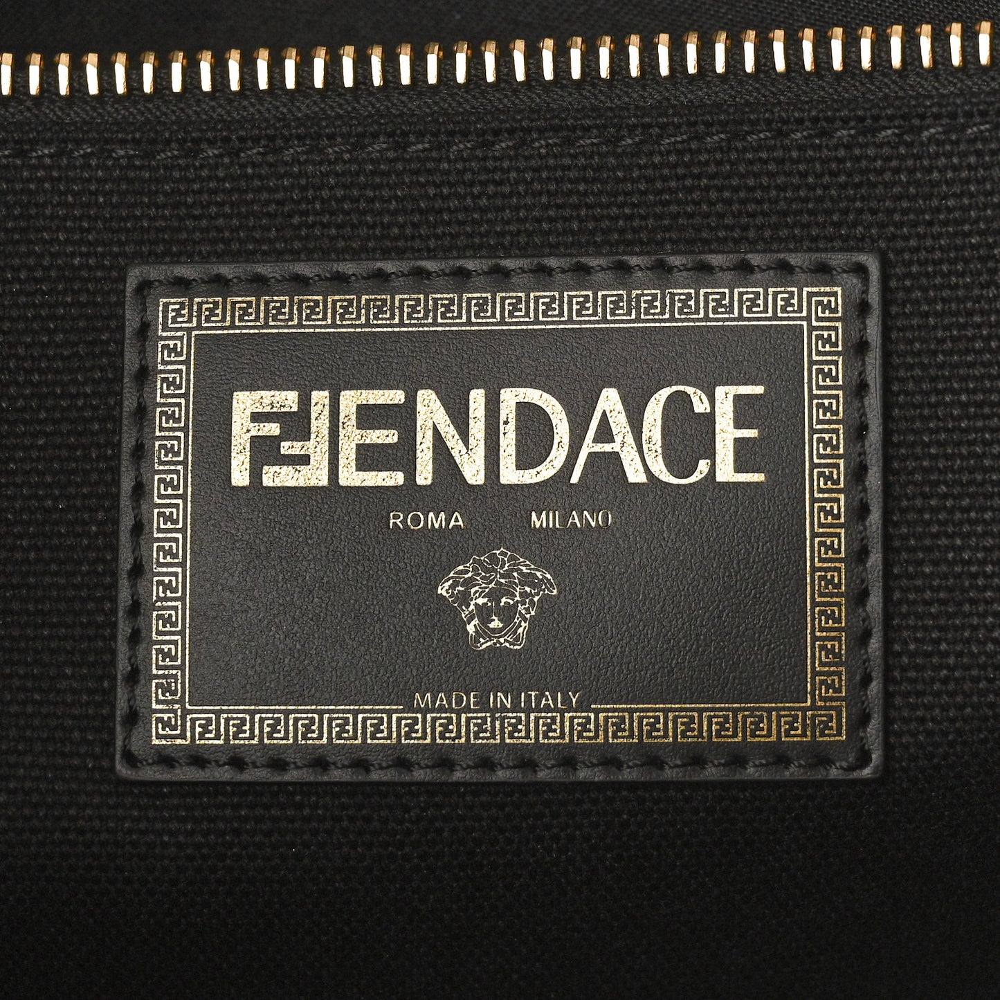 X VERSACE Cotton Canvas Cuoio Romano Fendace Logo Embroidered Signature Shopping Tote Black Gold