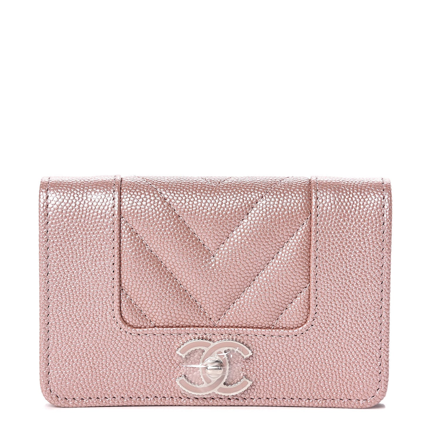 Metallic Caviar Chevron Quilted Vintage Mademoiselle Card Holder Pink