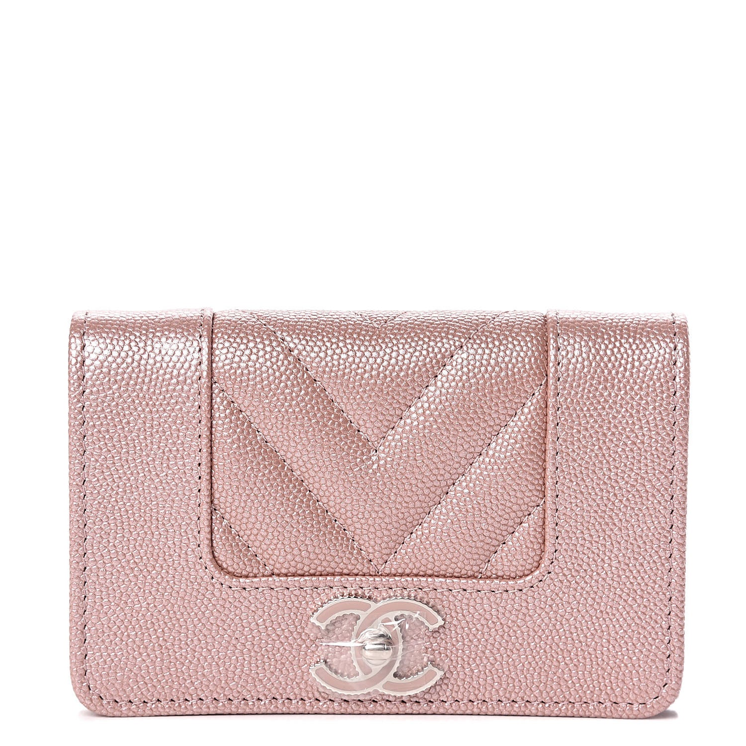 Chanel Metallic Caviar Chevron Quilted Vintage Mademoiselle Card Holder Pink 1 of 9