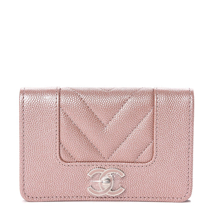 Chanel Metallic Caviar Chevron Quilted Vintage Mademoiselle Card Holder Pink 1 of 9