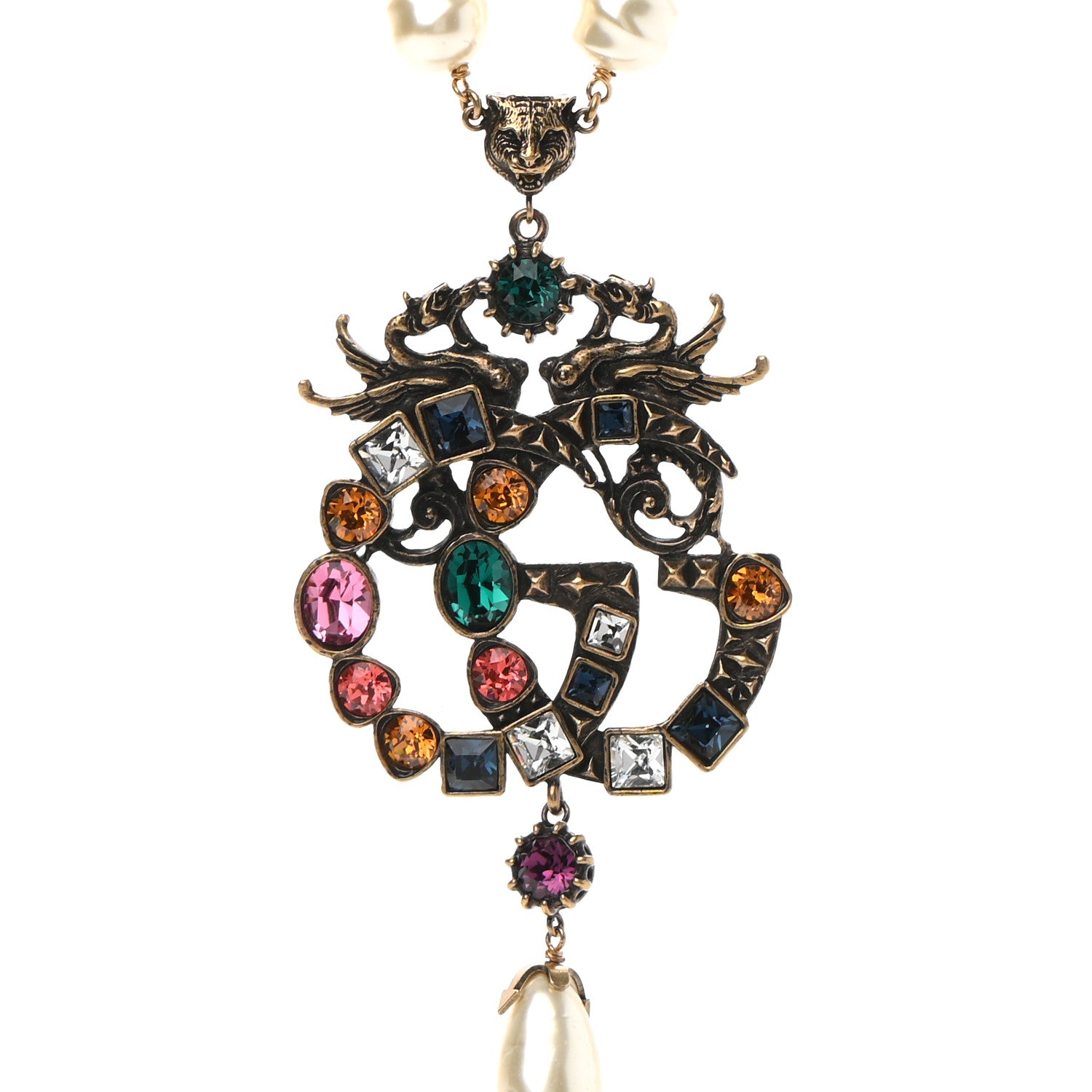 Gucci Crystal Pearl Marmont Dragon Necklace Aged Gold Multicolor 4 of 7