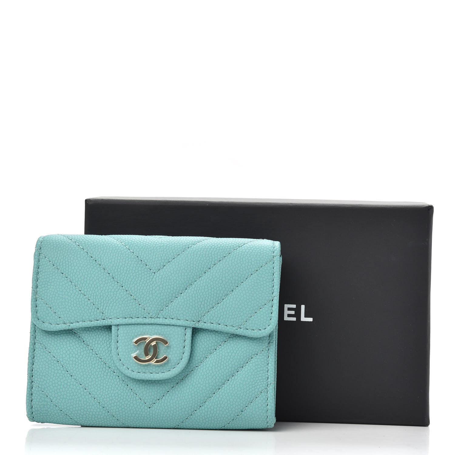 Chanel Caviar Flat Chevron Quilted Card Holder Wallet Green 9 of 9