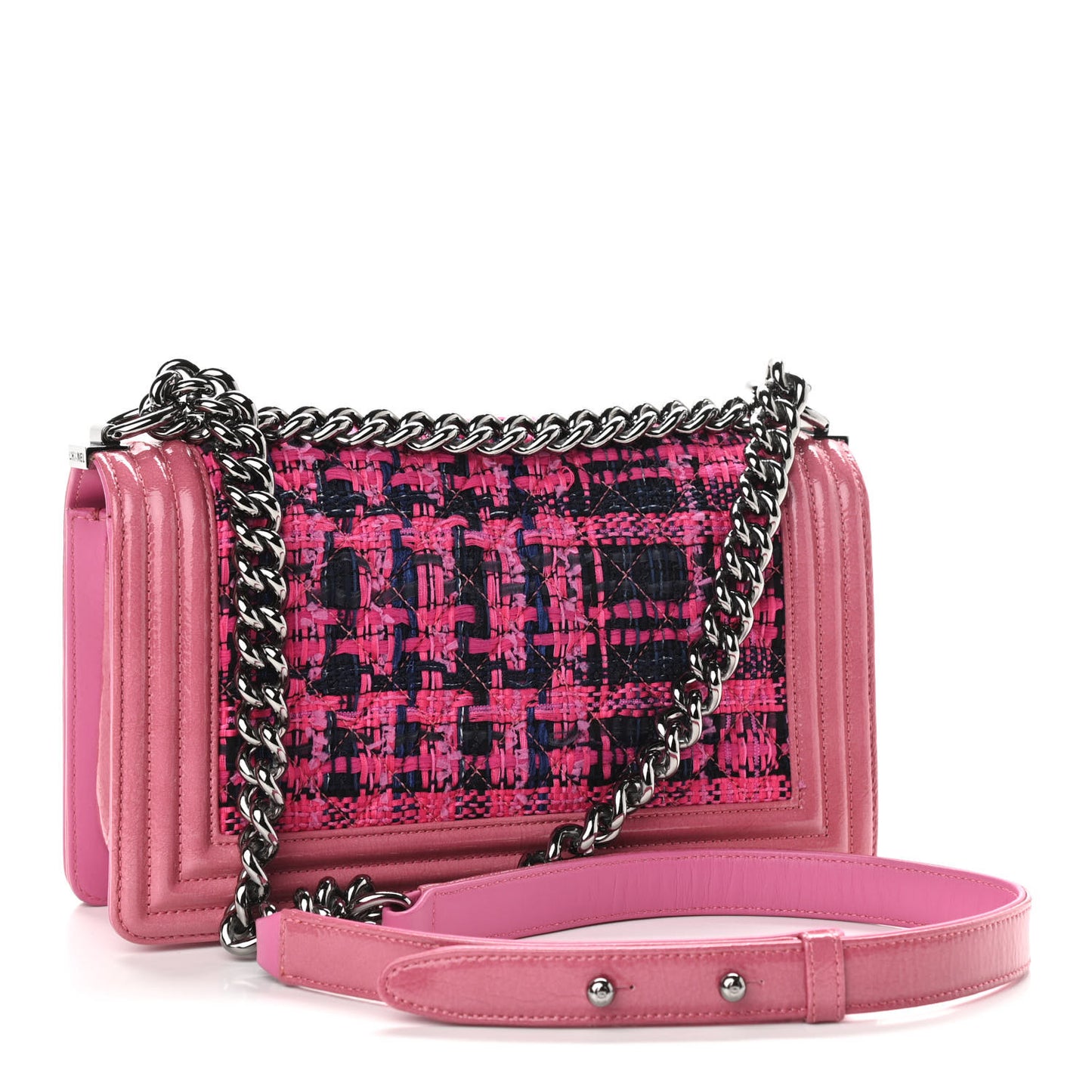 Patent Tweed Medium Boy Flap Fuchsia