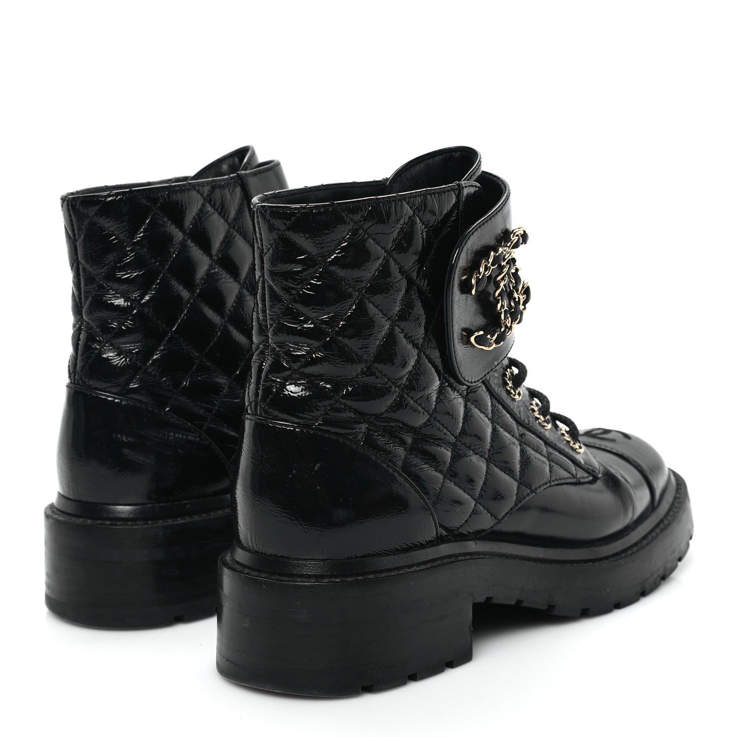 Chanel Shiny Goatskin Calfskin Quilted Lace Up Combat Boots 37 Black 5 of 10