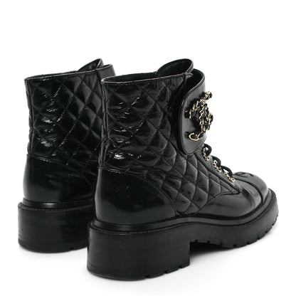 Chanel Shiny Goatskin Calfskin Quilted Lace Up Combat Boots 37 Black 5 of 10