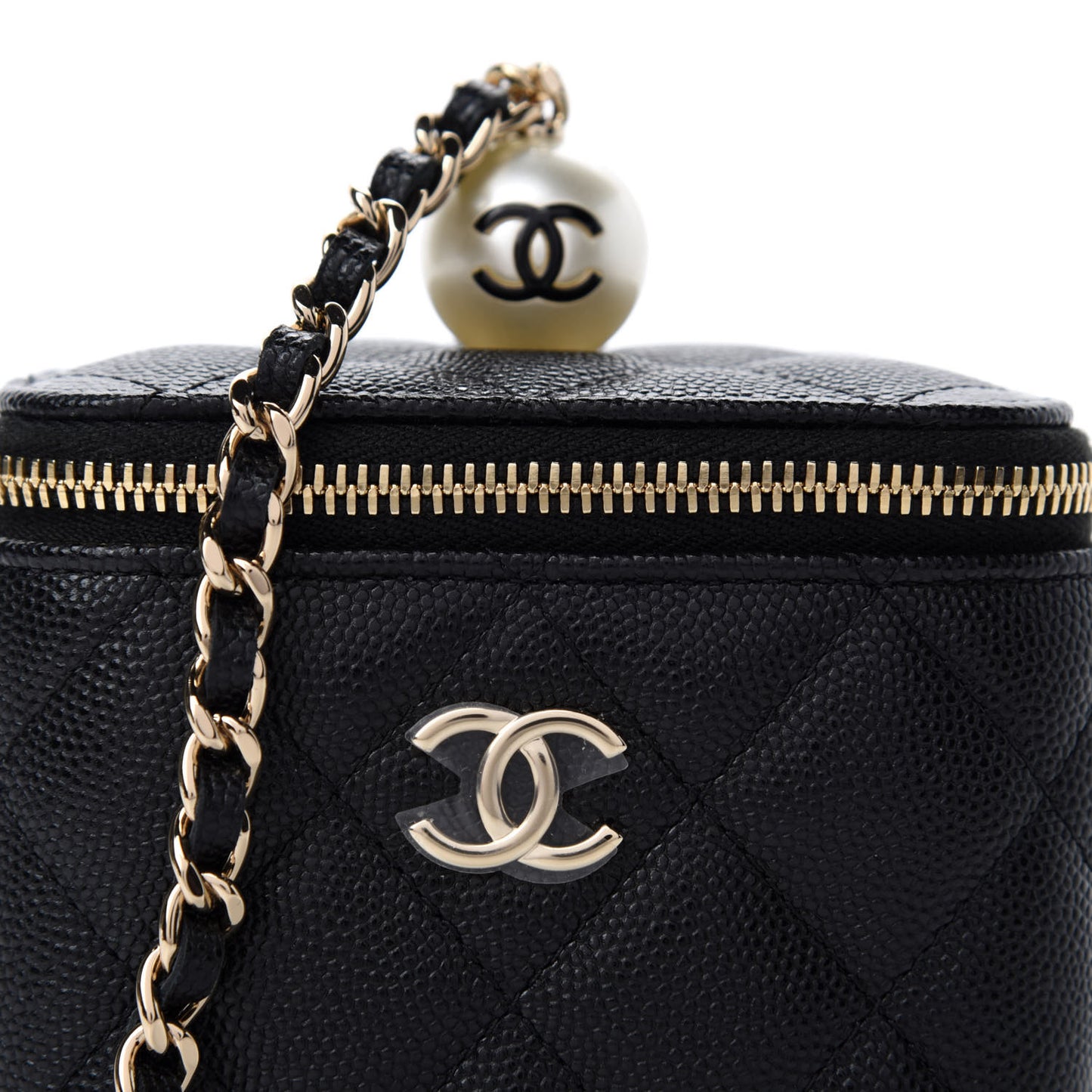 Caviar Quilted Mini Pearl On Top Vanity Case With Chain Black