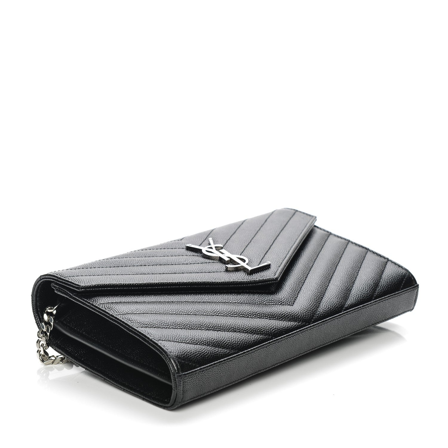 Saint Laurent Grain De Poudre Matelasse Chevron Medium Monogram Chain Wallet Black 11 of 14