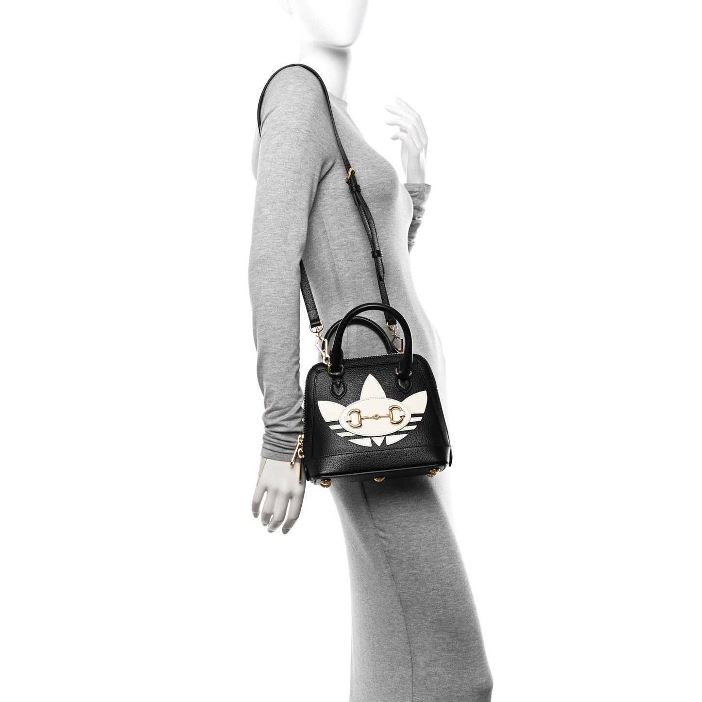X ADIDAS Textured Dollar Calfskin Web Trefoil Mini Horsebit 1955 Top Handle Bag Black Off White