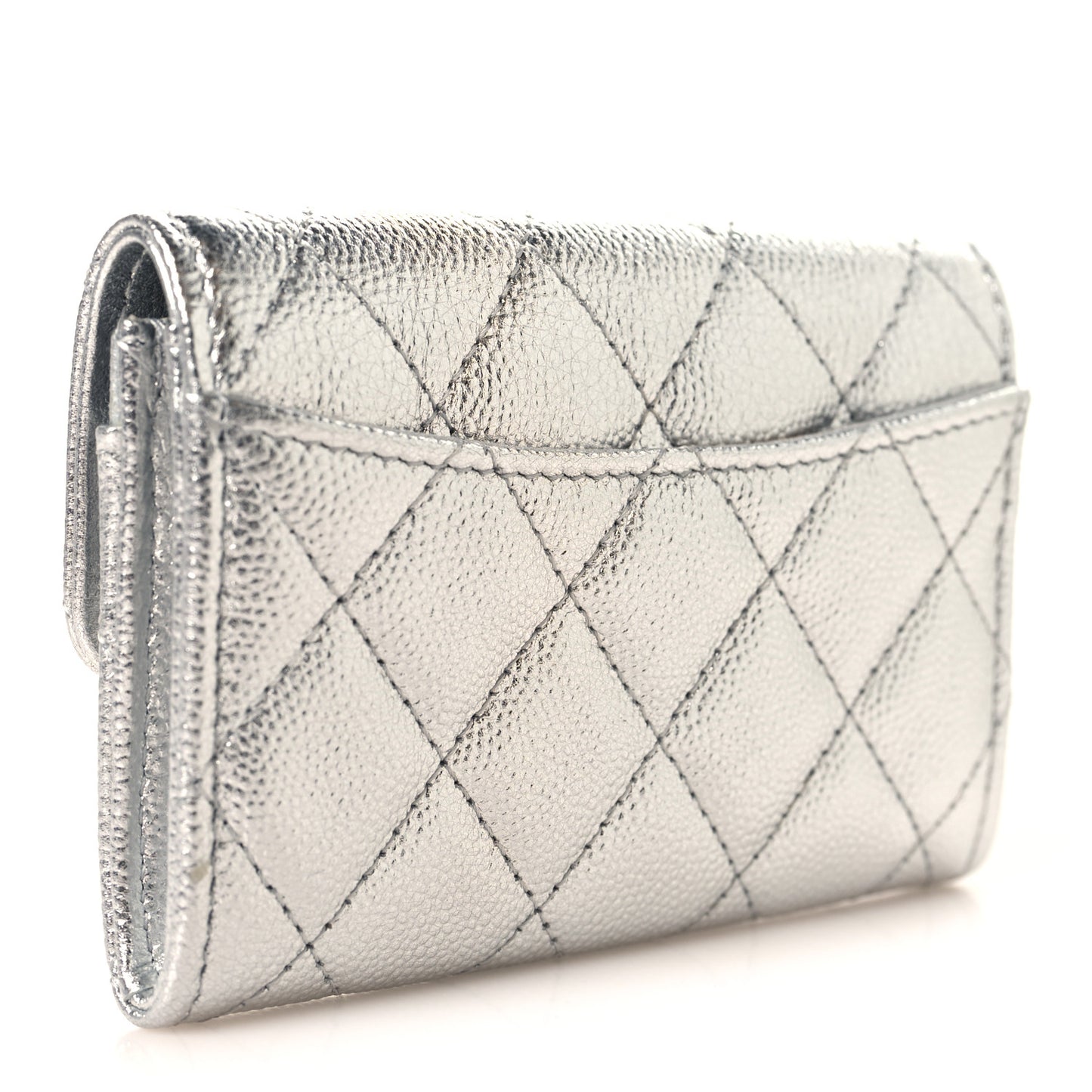 Metallic Caviar Quilted Flap Card Holder Wallet Silvery