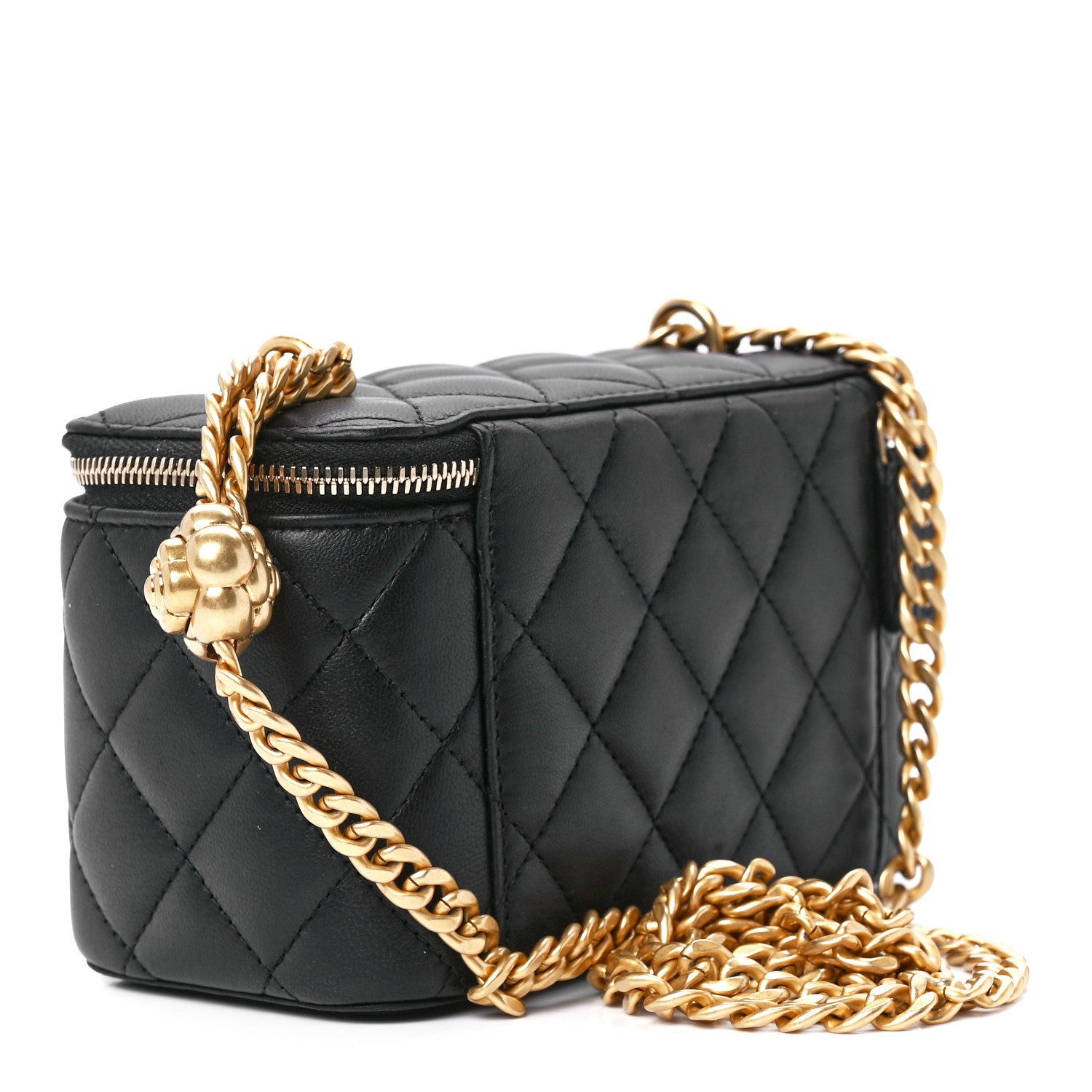 Chanel Lambskin Quilted Sweet Camellia Small Vanity Case With Chain Black 3 of 11