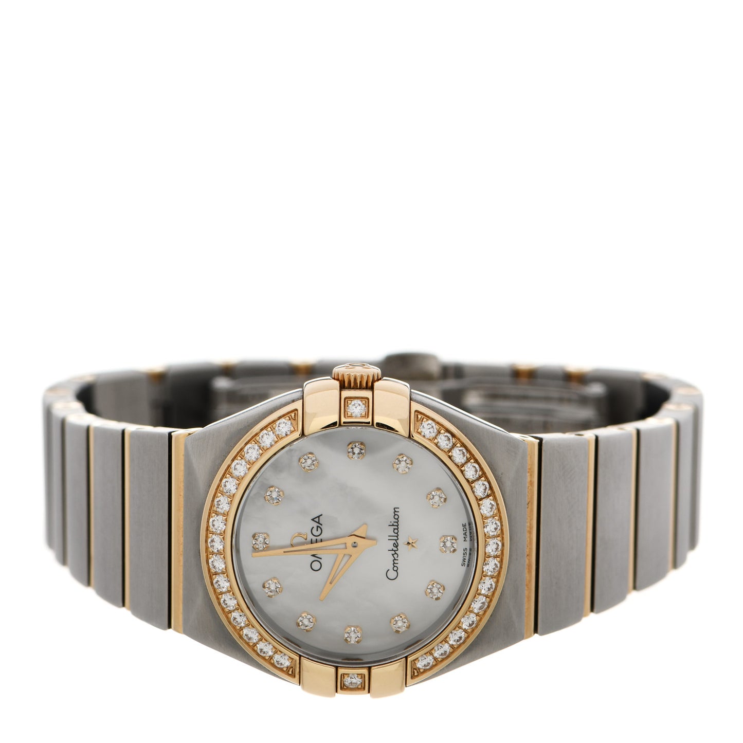 Stainless Steel 18K Yellow Gold Diamond Bezel Mother of Pearl 27mm Constellation Quartz Watch 123.25.27.60.55.003
