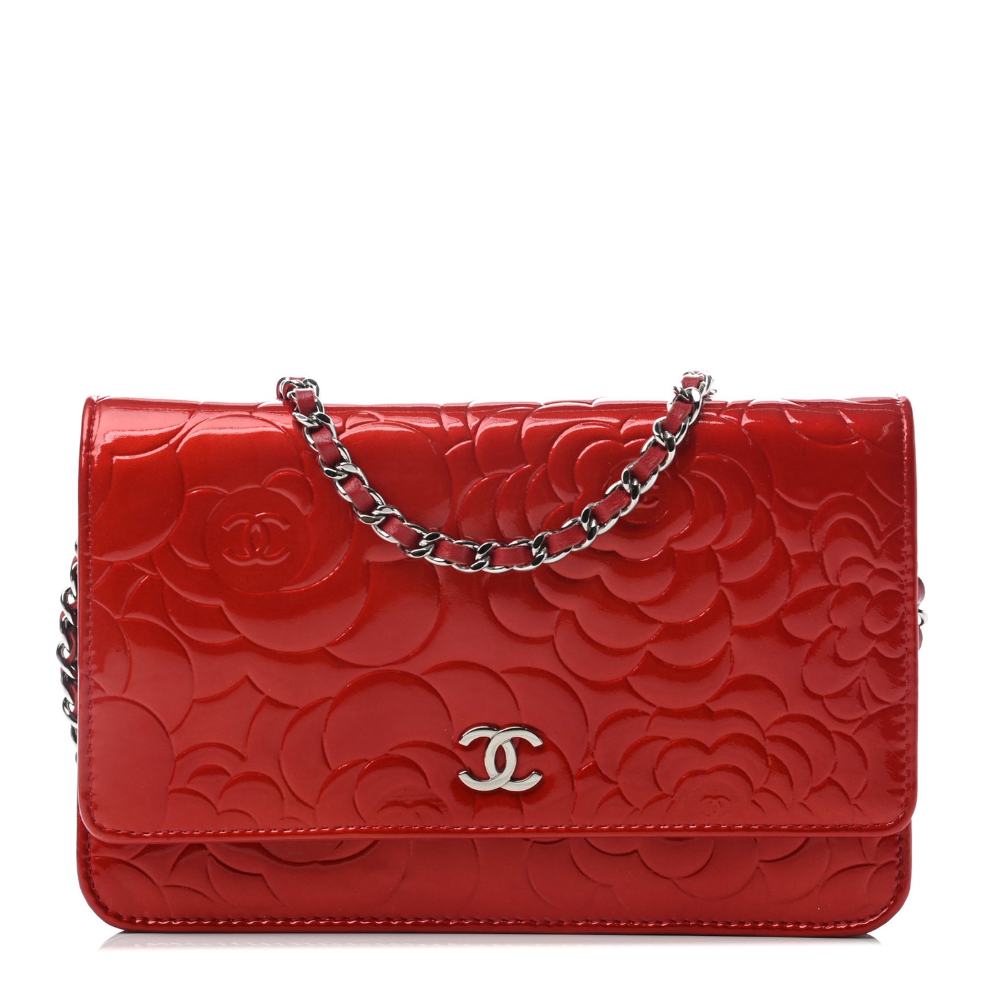 Patent Camellia Embossed Wallet On Chain WOC Dark Red