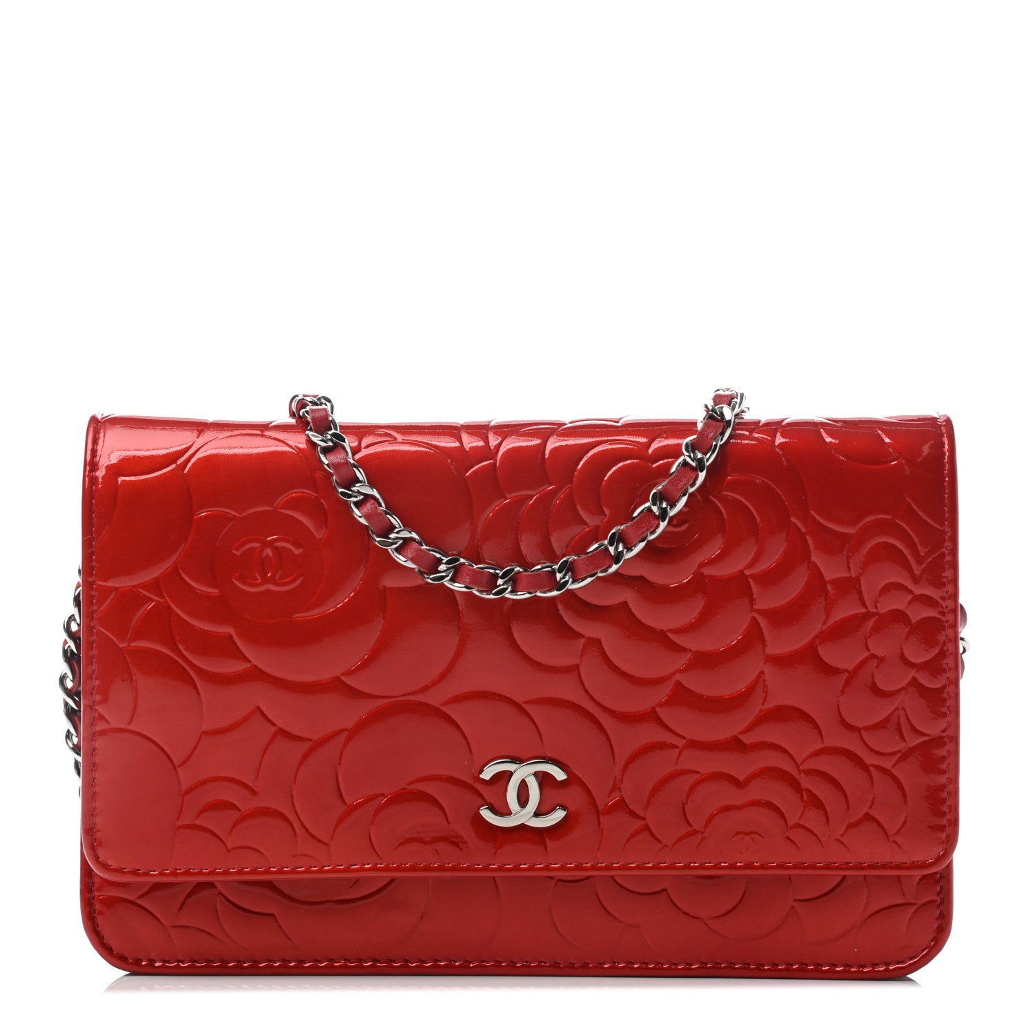 Chanel Patent Camellia Embossed Wallet On Chain WOC Dark Red 1 of 11