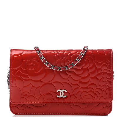 Chanel Patent Camellia Embossed Wallet On Chain WOC Dark Red 1 of 11