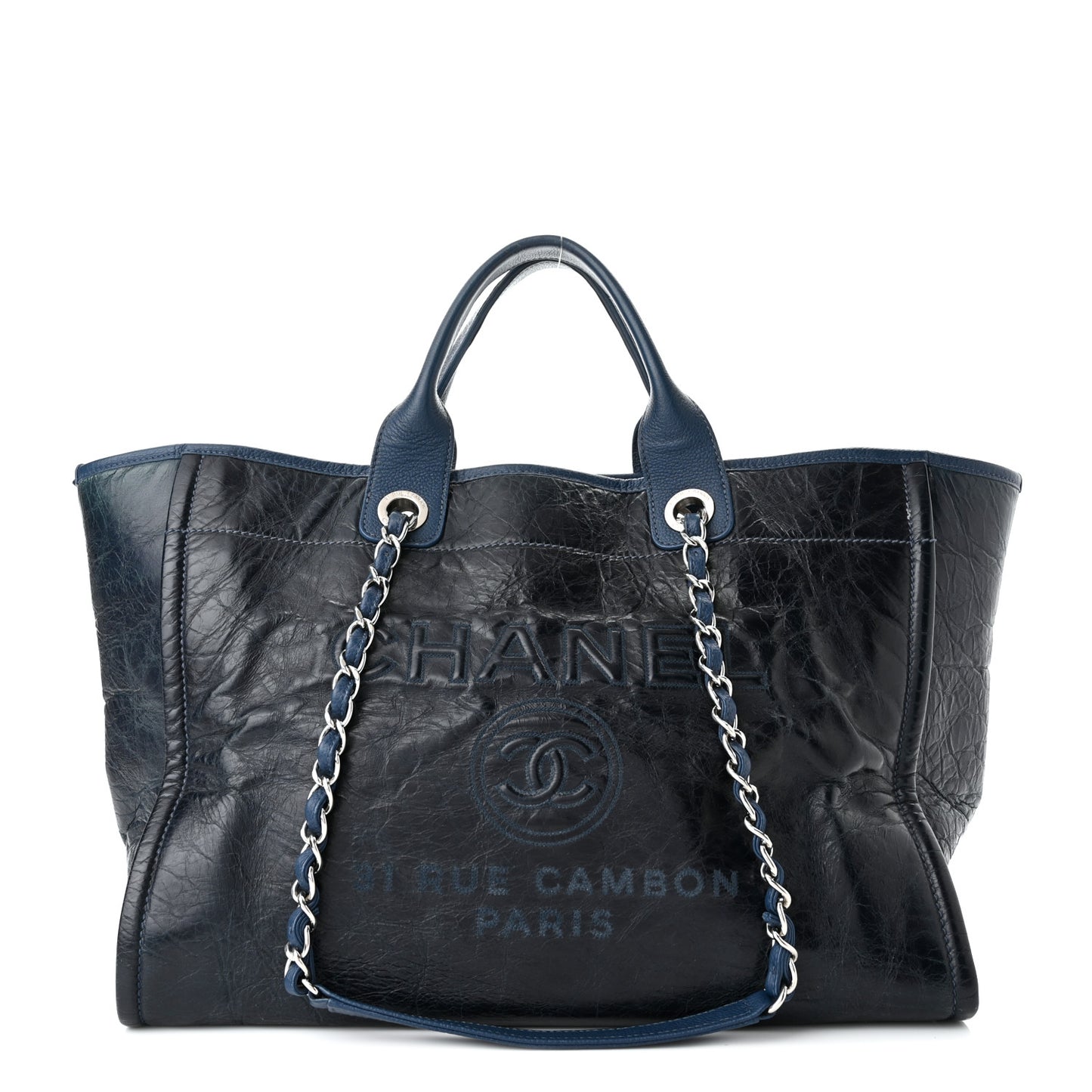 Glazed Calfskin Large Deauville Tote Blue
