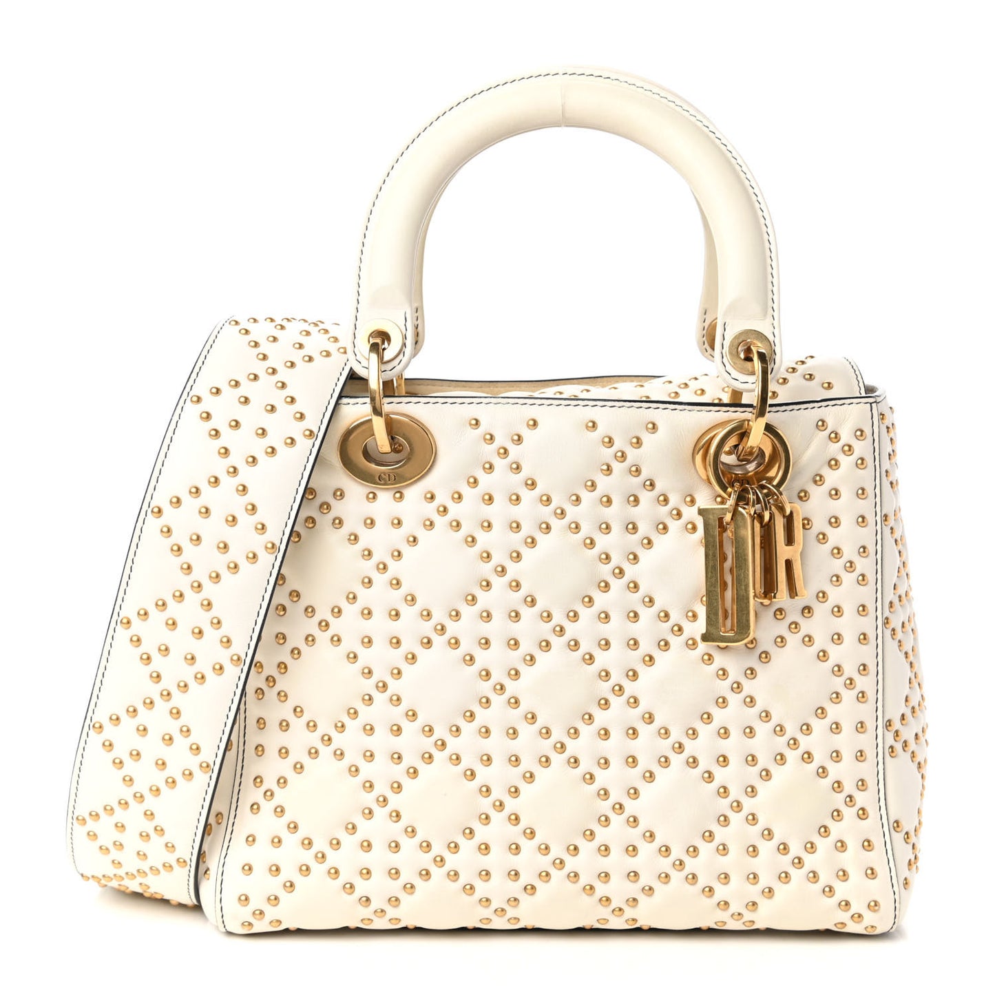 Calfskin Cannage Studded Medium Supple Lady Dior White