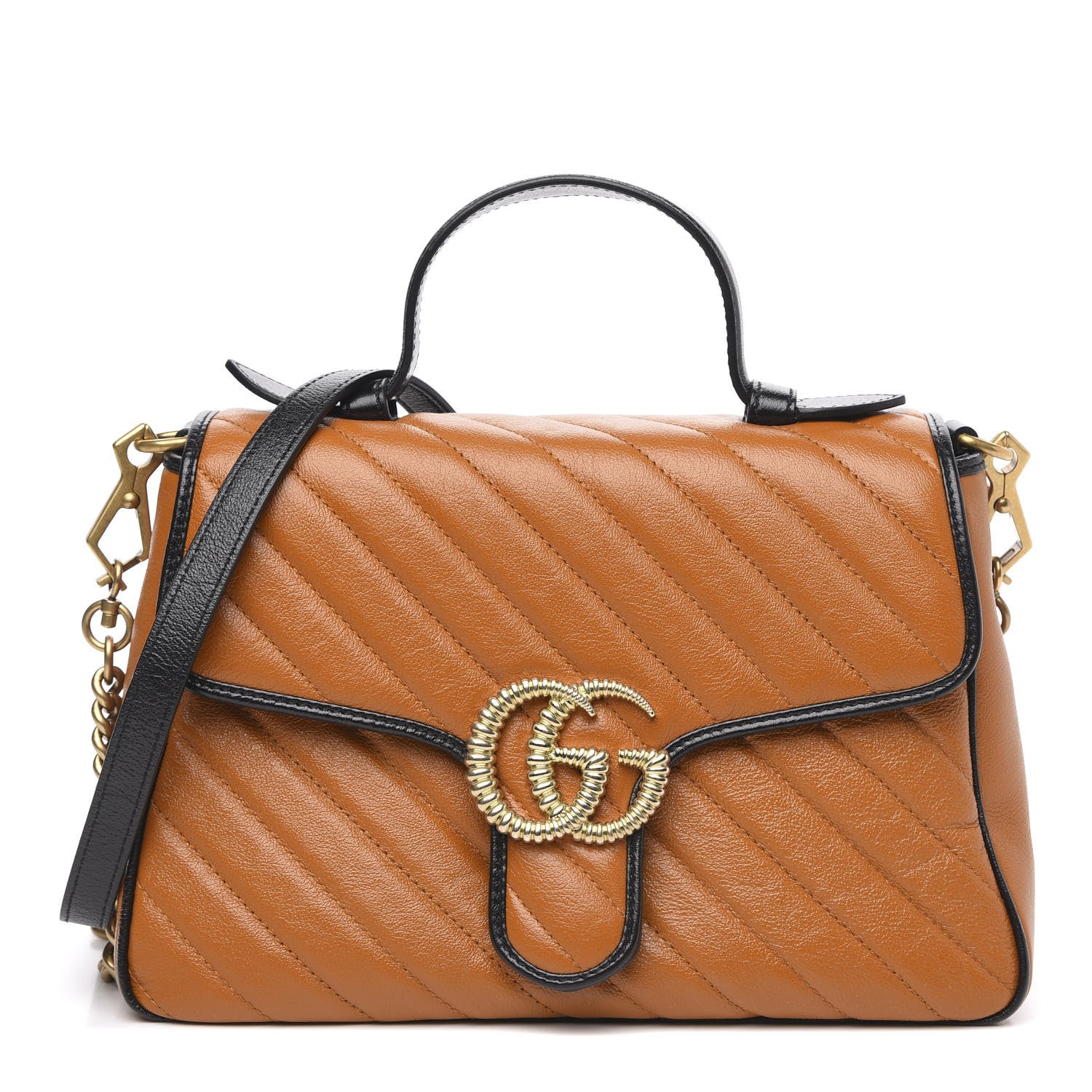 Gucci Azalea Calfskin Matelasse Diagonal Small Torchon GG Marmont Top Handle Shoulder Bag Cognac Black 1 of 10