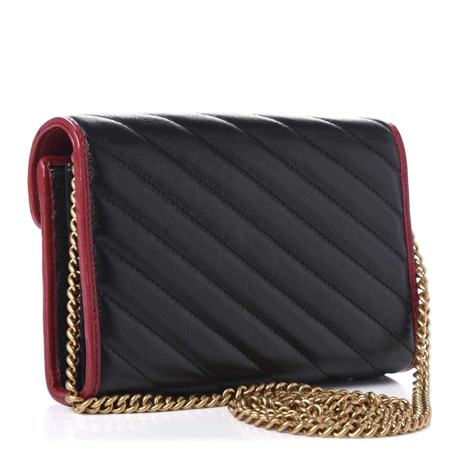 Gucci Vintage Effect Calfskin Matelasse Diagonal Torchon GG Marmont Chain Wallet Black Romantic Cherry 3 of 9