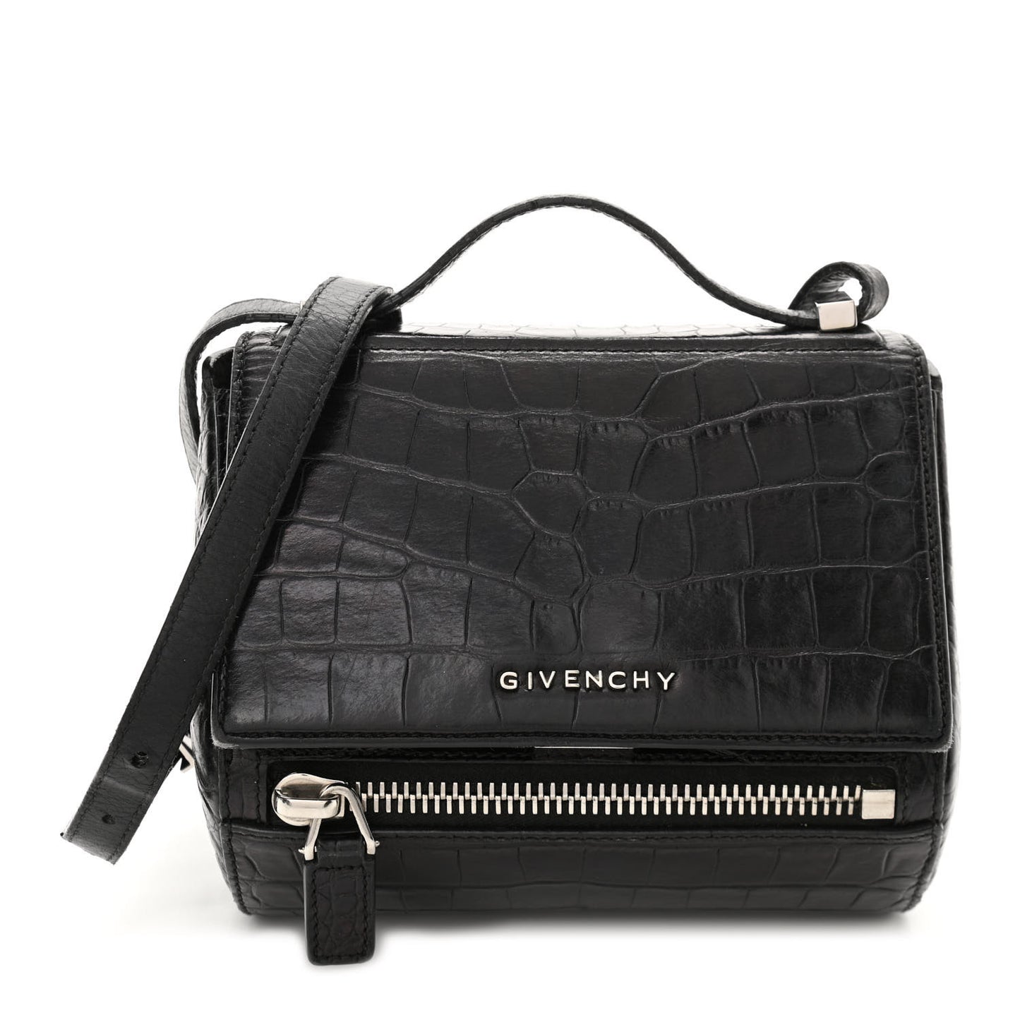Calfskin Crocodile Embossed Mini Pandora Box Crossbody Bag Black