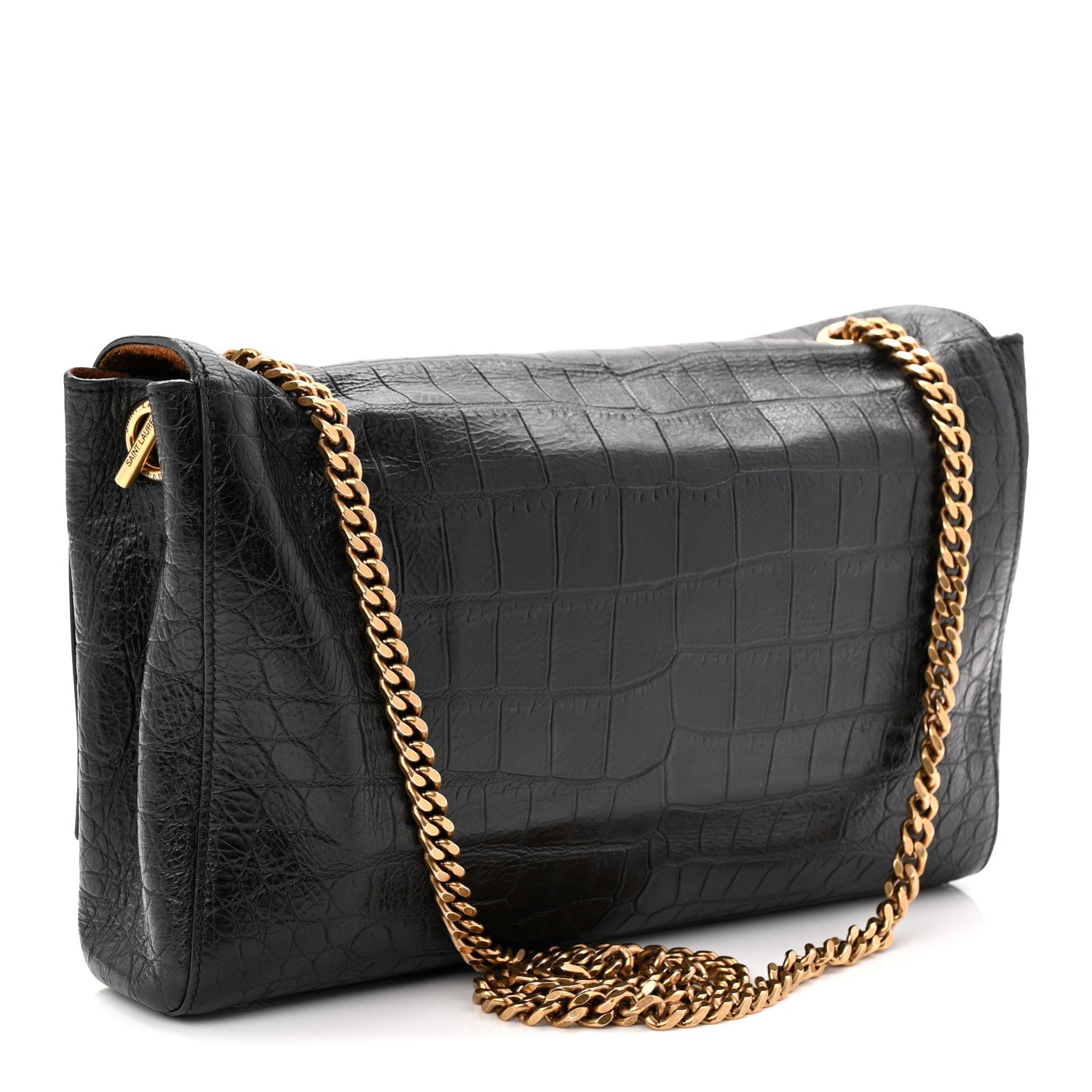 Saint Laurent Calfskin Crocodile Embossed Suede Medium Reversible Monogram Kate Satchel Military Taupe 4 of 17