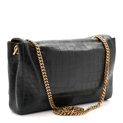 Saint Laurent Calfskin Crocodile Embossed Suede Medium Reversible Monogram Kate Satchel Military Taupe 4 of 17