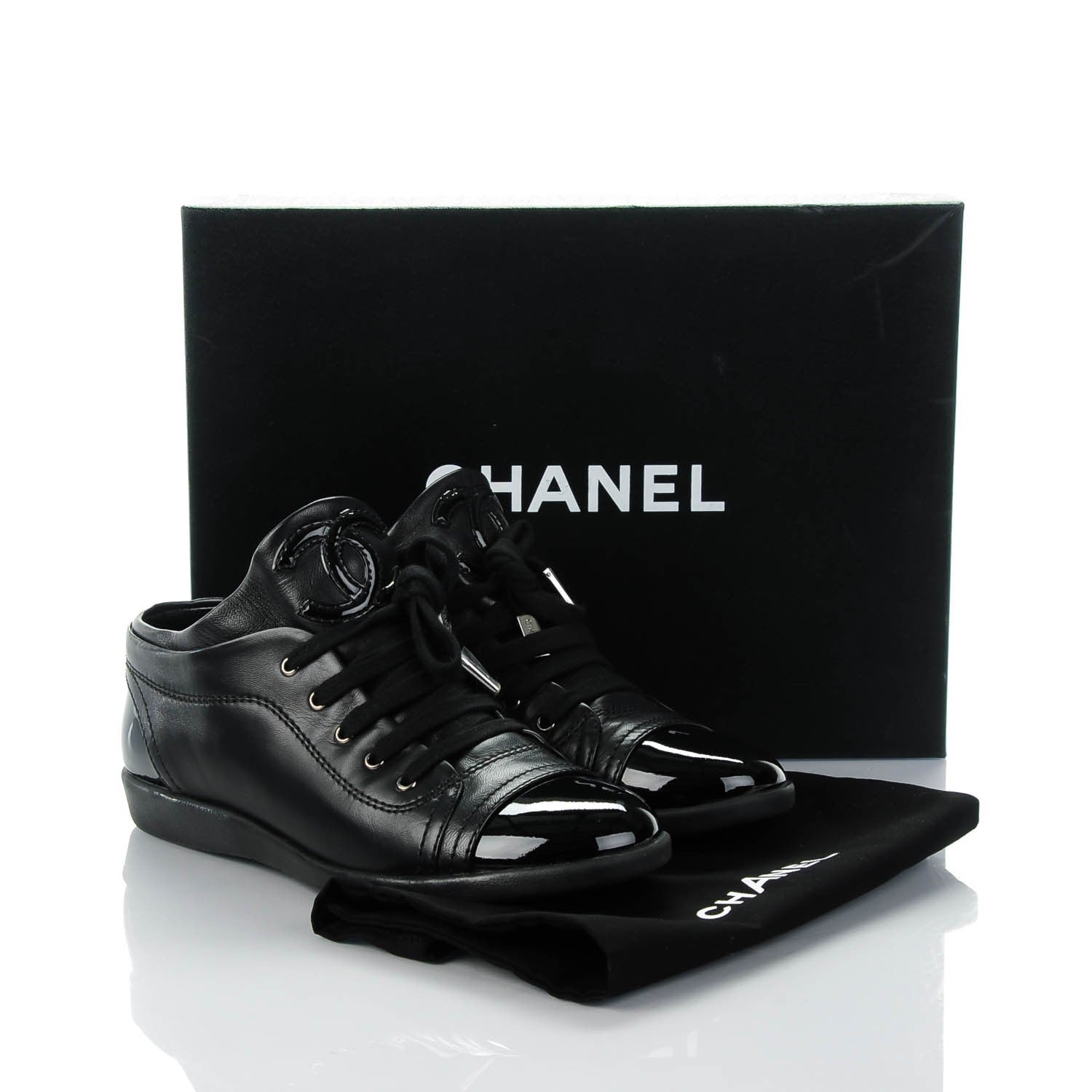 Chanel Leather Patent Cap Toe CC Sneakers 37 Black 6 of 7