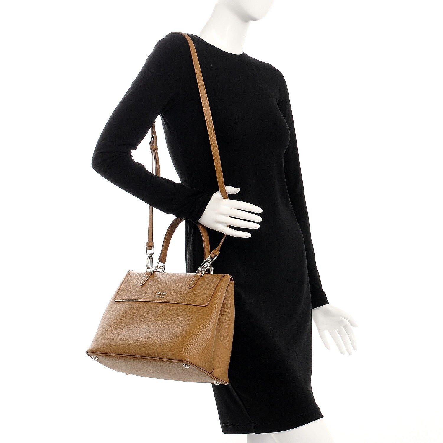 Prada Saffiano Cuir Convertible Top Handle Tote Caramel 2 of 8