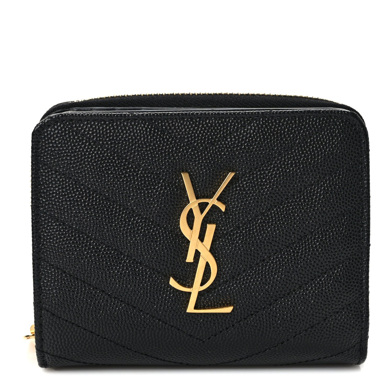 Saint Laurent Grain De Poudre Matelasse Chevron Monogram Compact Zip Around Wallet Black 1 of 7