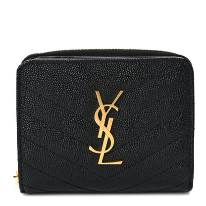 Saint Laurent Grain De Poudre Matelasse Chevron Monogram Compact Zip Around Wallet Black 1 of 7