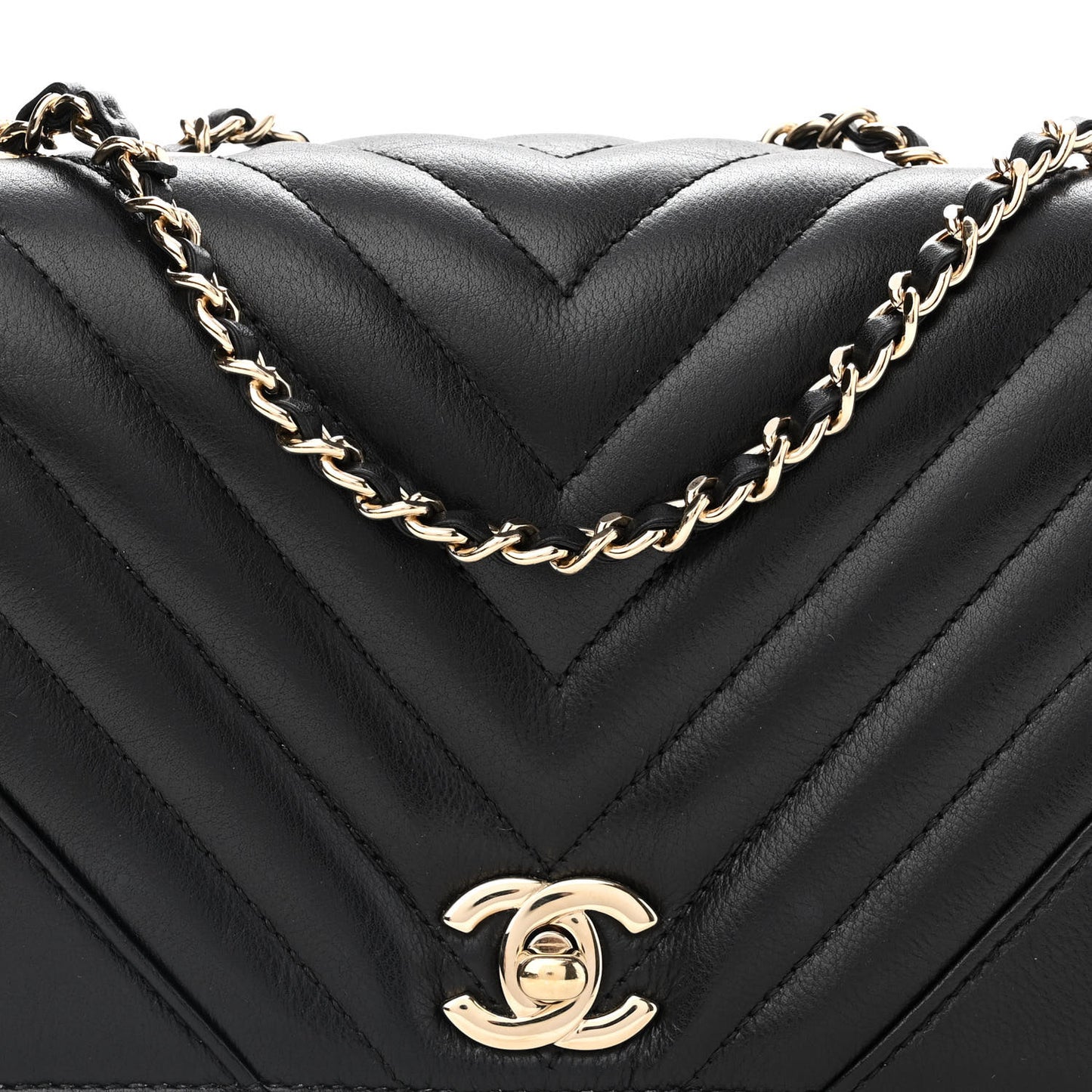 Calfskin Chevron Quilted Mini Statement Flap Black