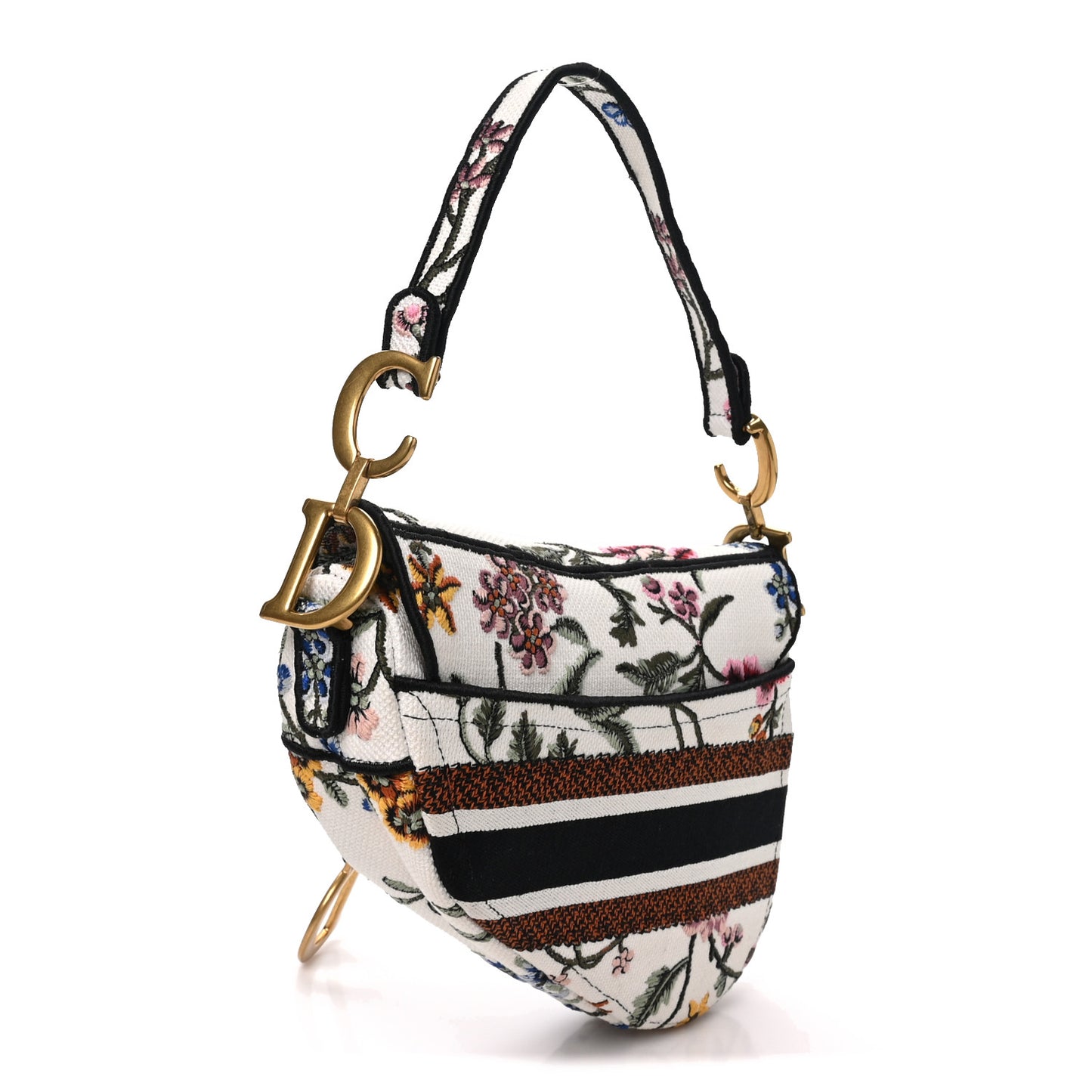 Canvas Embroidered Petites Fleurs Saddle Bag White Multicolor