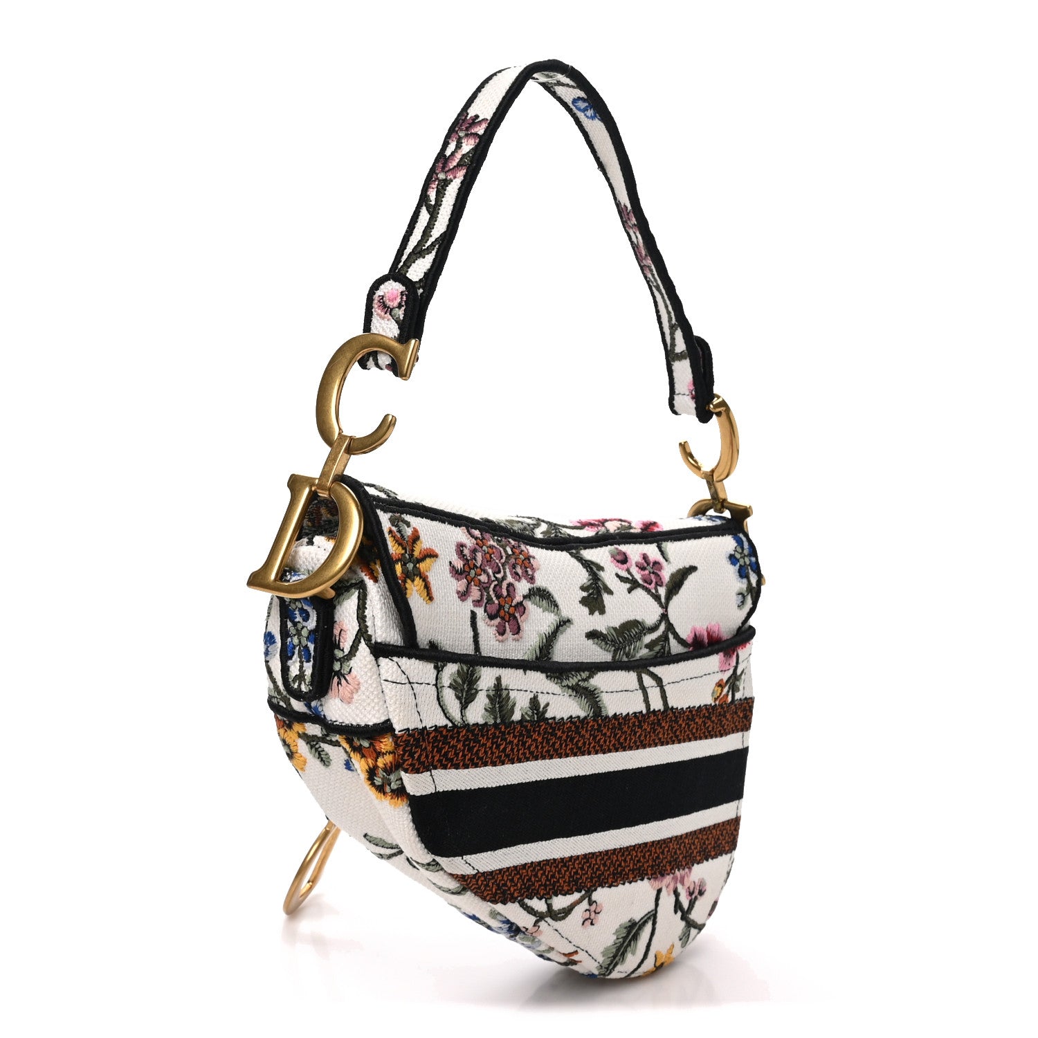 Christian Dior Canvas Embroidered Petites Fleurs Saddle Bag White Multicolor 3 of 10