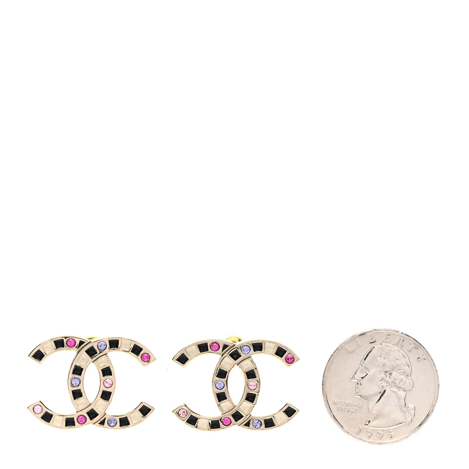 Chanel Crystal Enamel Large CC Earrings Gold Black White Pink 2 of 5