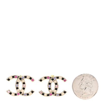 Chanel Crystal Enamel Large CC Earrings Gold Black White Pink 2 of 5