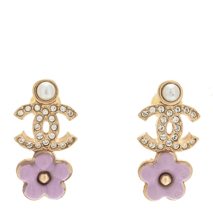 Chanel Crystal Pearl CC Flower Earrings Purple Gold 1 of 5