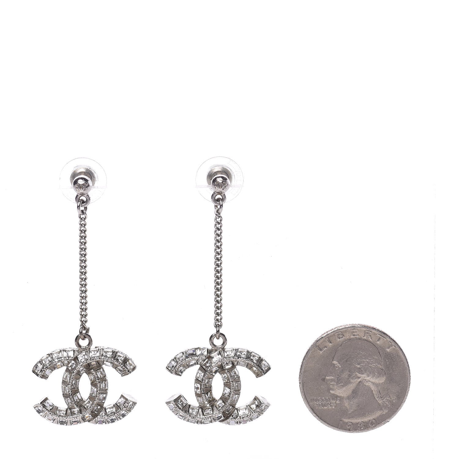 Chanel Crystal Baguette CC Dangle Earrings Silver 2 of 3
