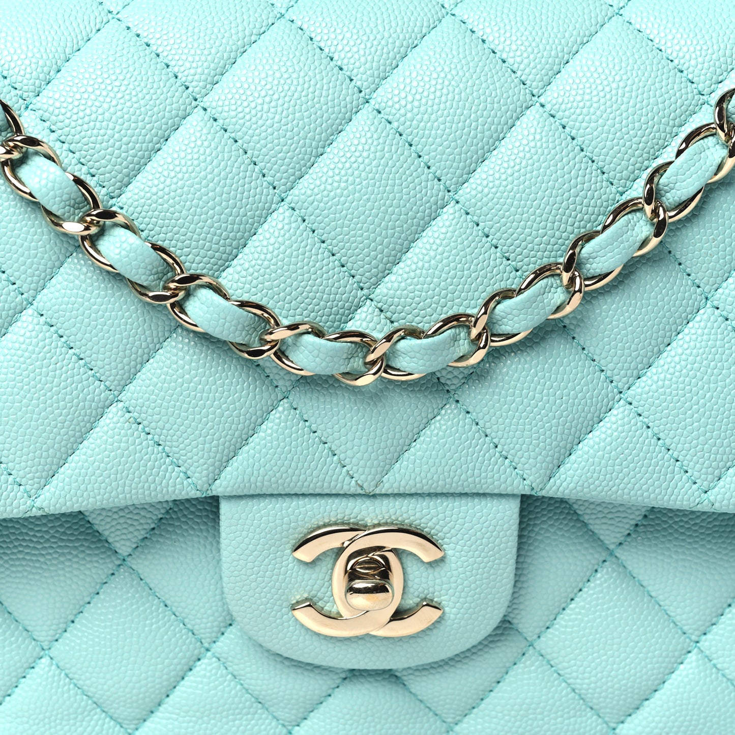 Caviar Quilted Medium Double Flap Light Blue
