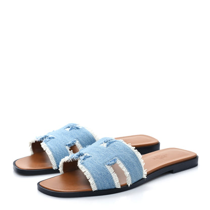 Hermes Denim Oran Fringe Sandals 38.5 Bleu Clair 3 of 8