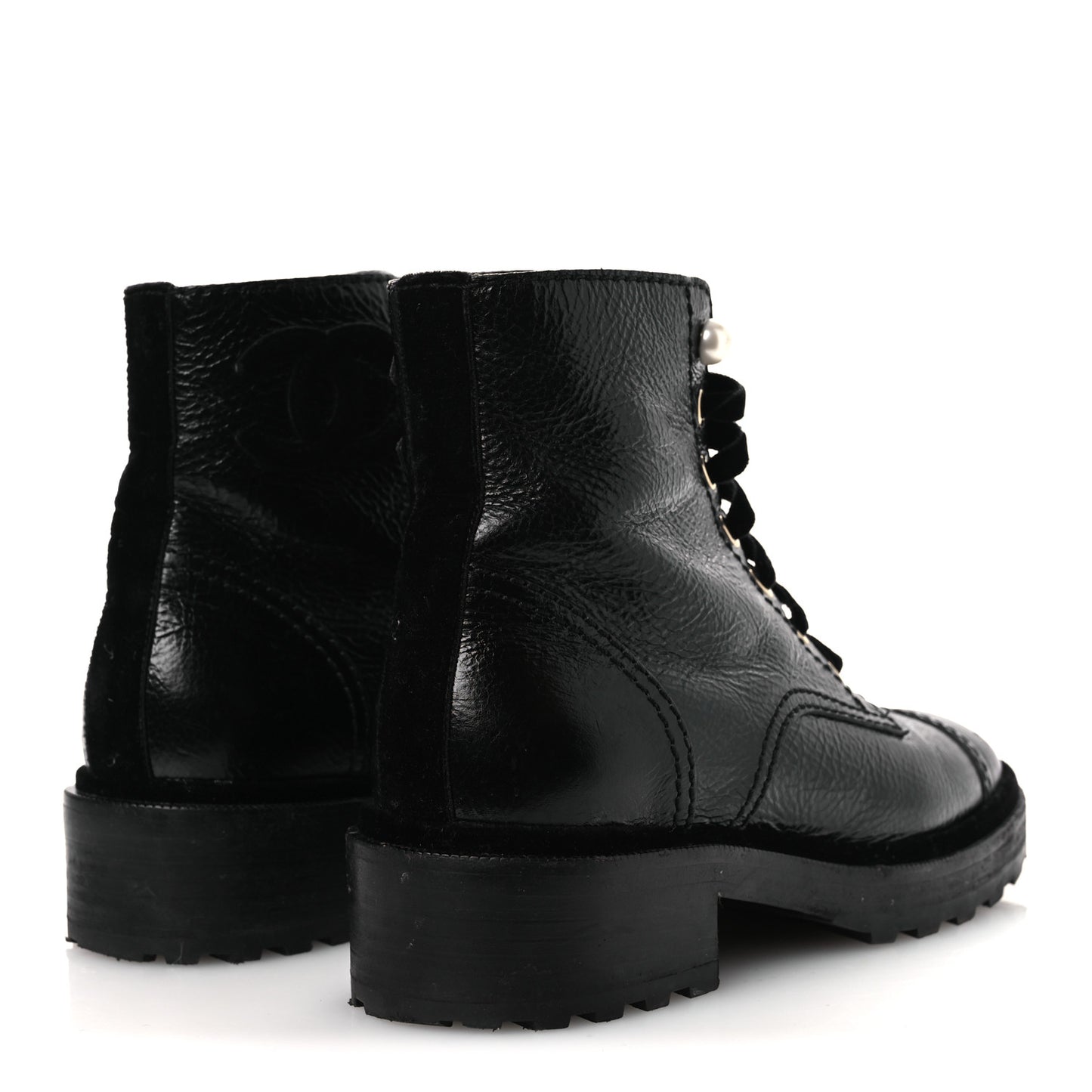 Shiny Calfskin Velvet Pearl Combat Short Boots 38 Black
