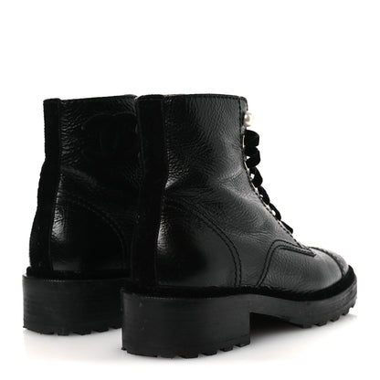 Chanel Shiny Calfskin Velvet Pearl Combat Short Boots 38 Black 5 of 14