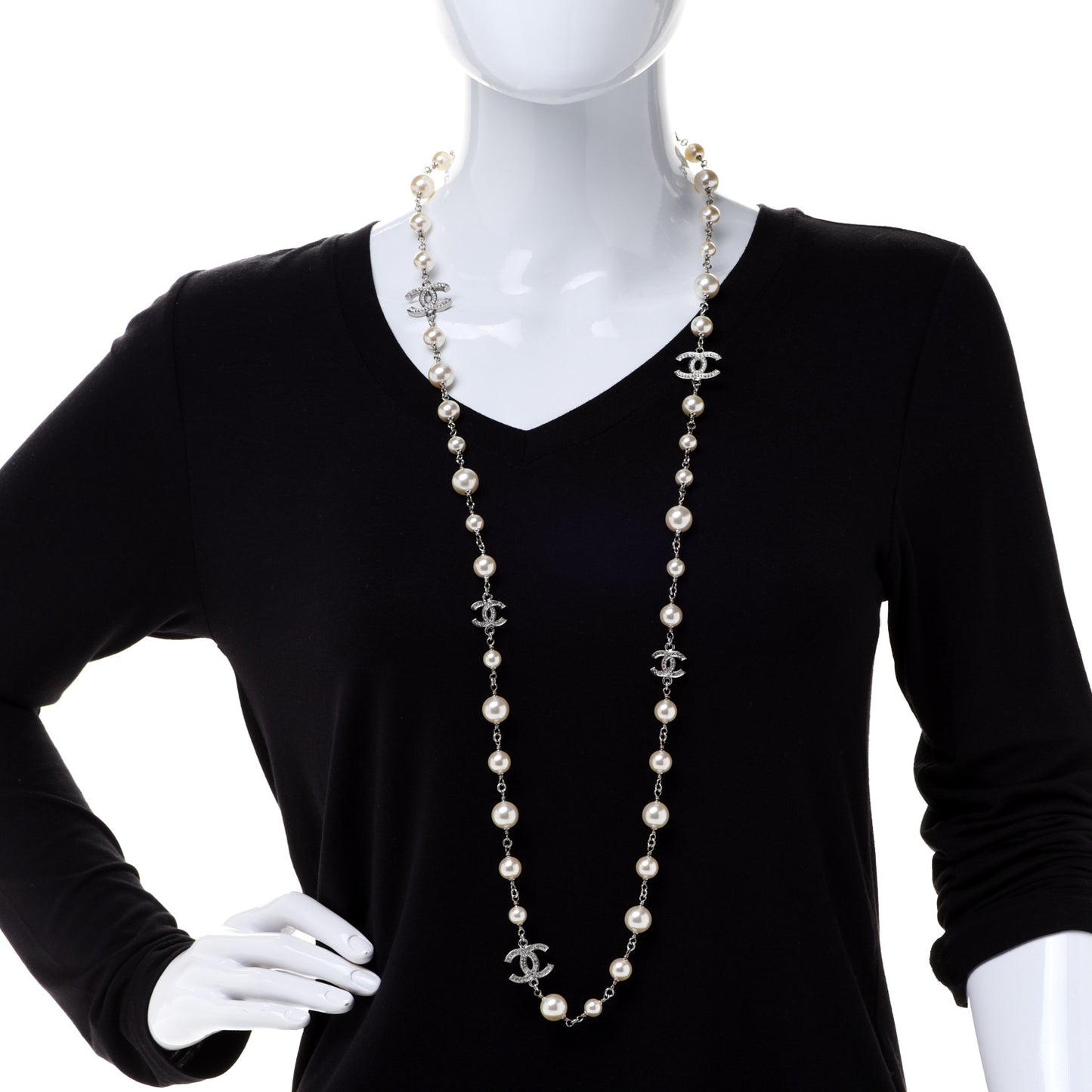 Crystal Pearl CC Long Necklace Silver