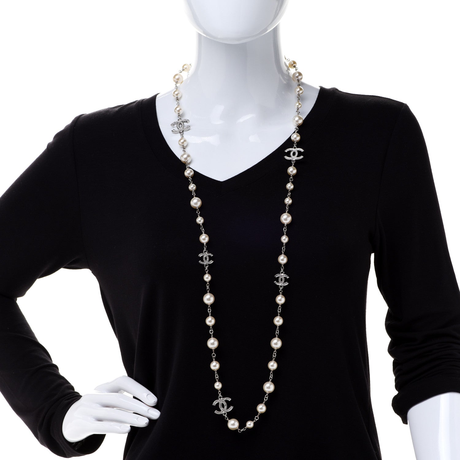 Chanel Crystal Pearl CC Long Necklace Silver 2 of 6