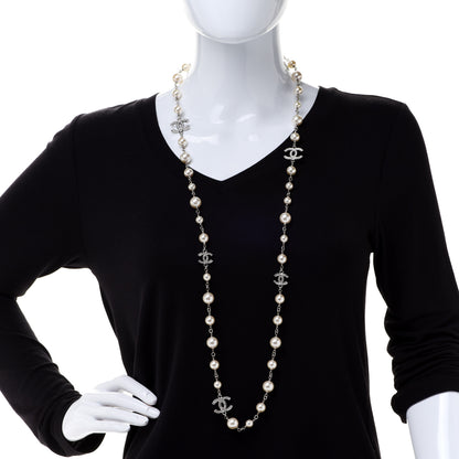 Chanel Crystal Pearl CC Long Necklace Silver 2 of 6