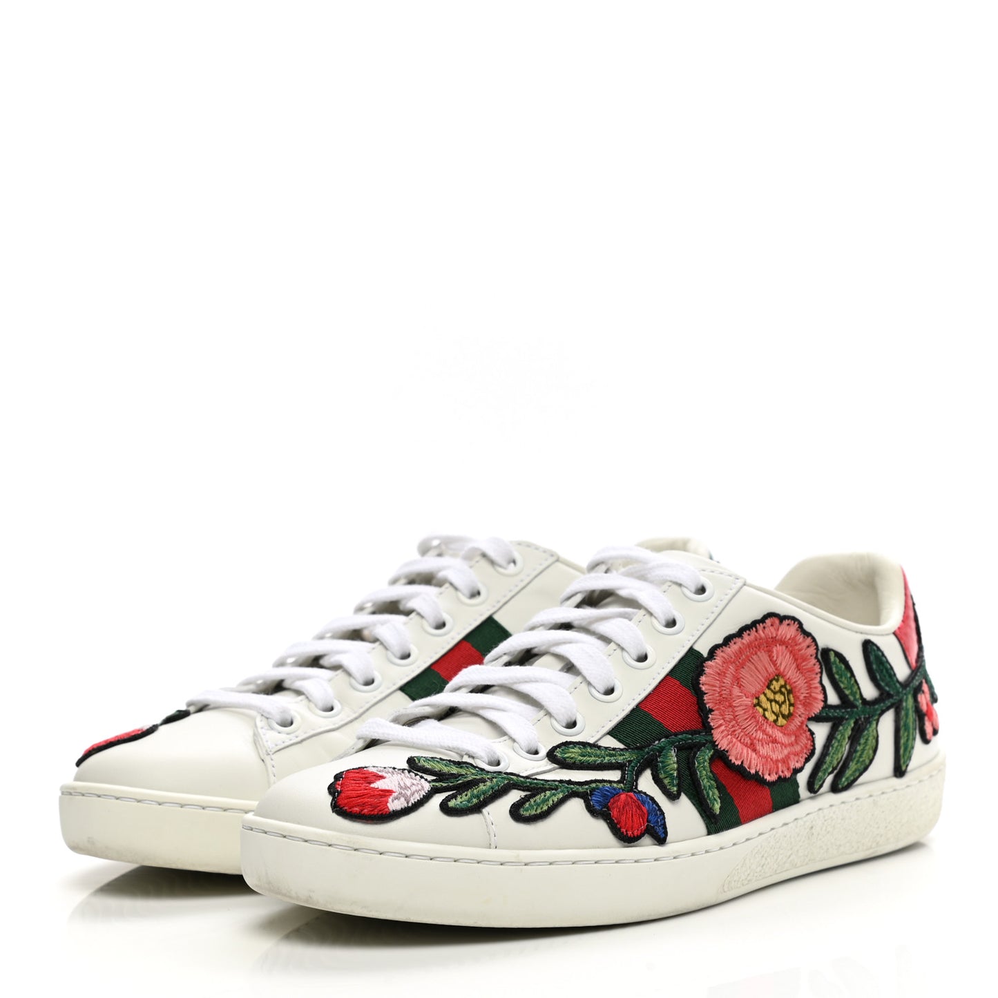 Calfskin Web Floral Embroidered Womens Ace Sneakers 35 White