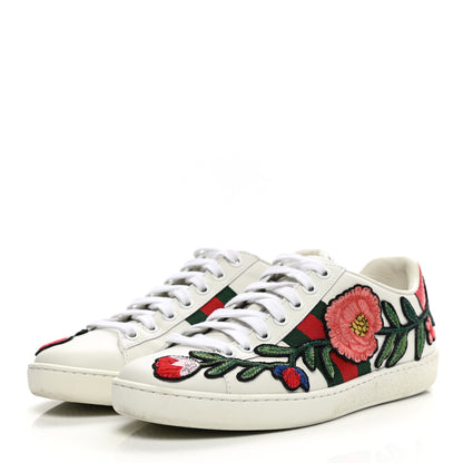 Gucci Calfskin Web Floral Embroidered Womens Ace Sneakers 35 White 3 of 14