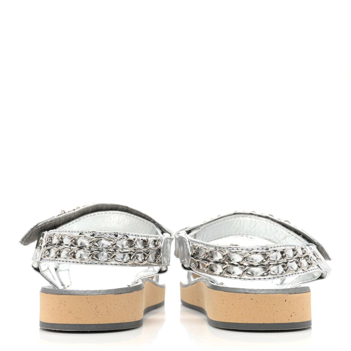 Metallic Laminated Goastkin Chain Flat Sandals 37 Silver