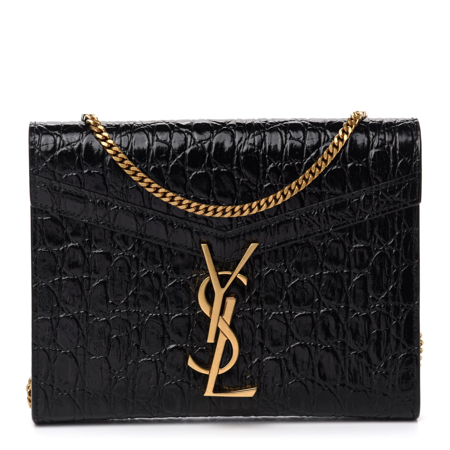 Calfskin Crocodile Embossed Monogram Cassandra Chain Wallet Black