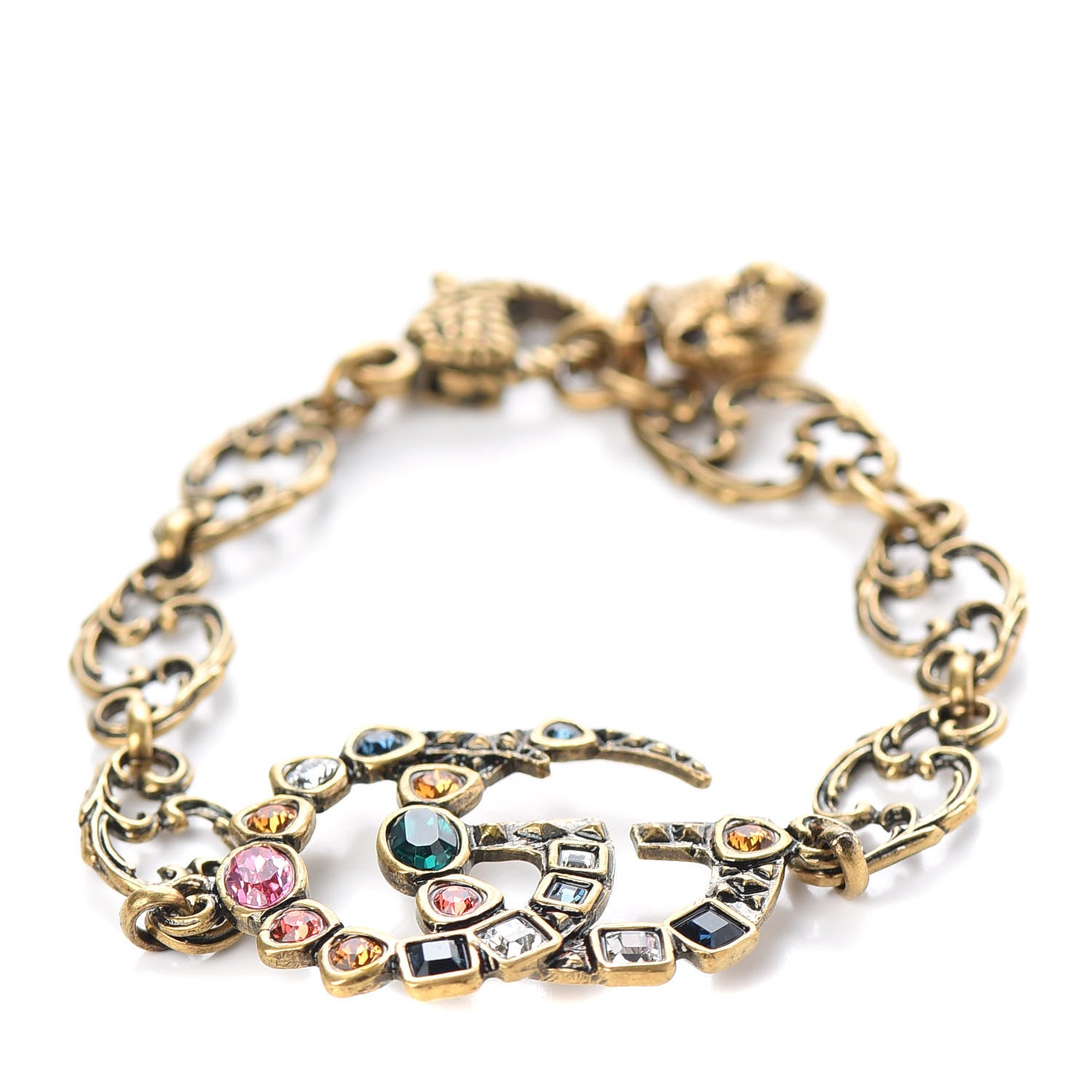 Gucci Oxidized Metal Crystal Double G Bracelet Aged Gold Multicolor 1 of 4